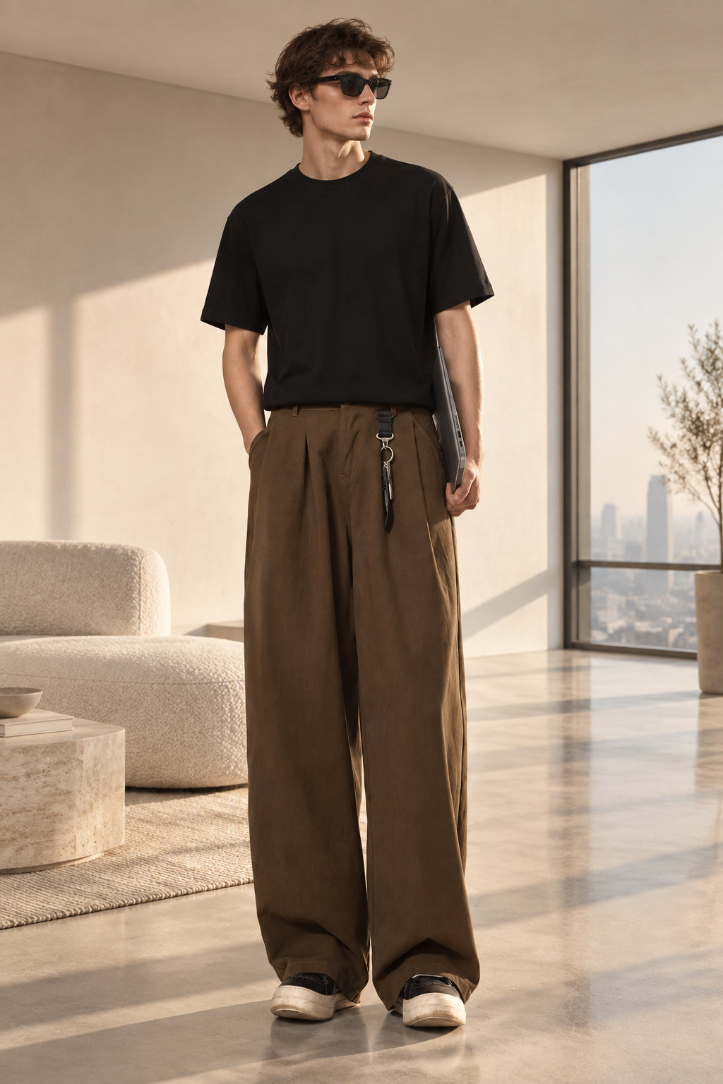 Brown washed pleated wide-leg trousers with button waistband and tie detail at front.