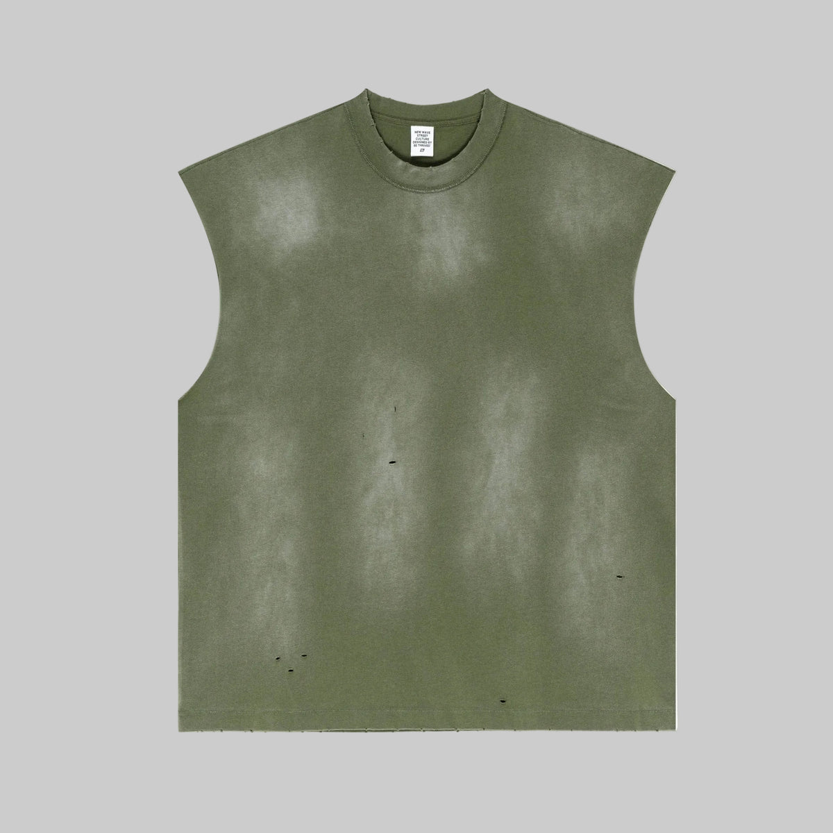 Olive green distressed sleeveless tee with crew neck and scattered holes