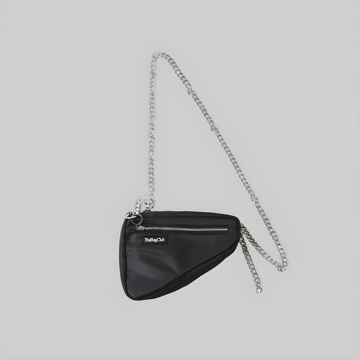 Dark triangle sling bag with chain strap and front zip pocket