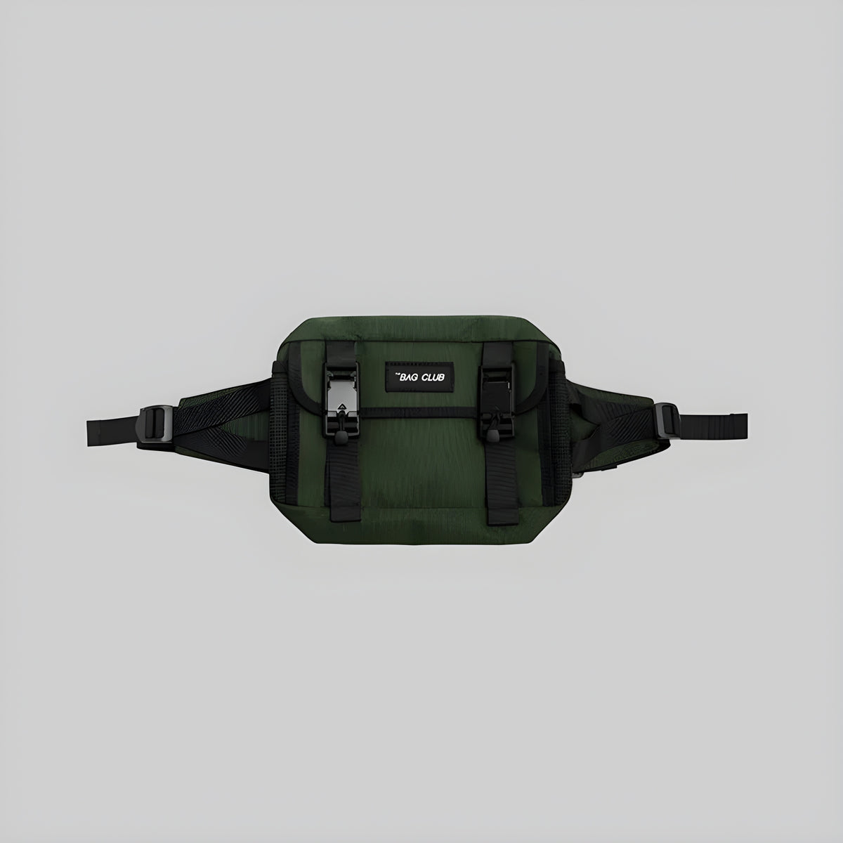 Olive green utility waist bag with front zip pocket and adjustable belt straps, BAG CLUB patch