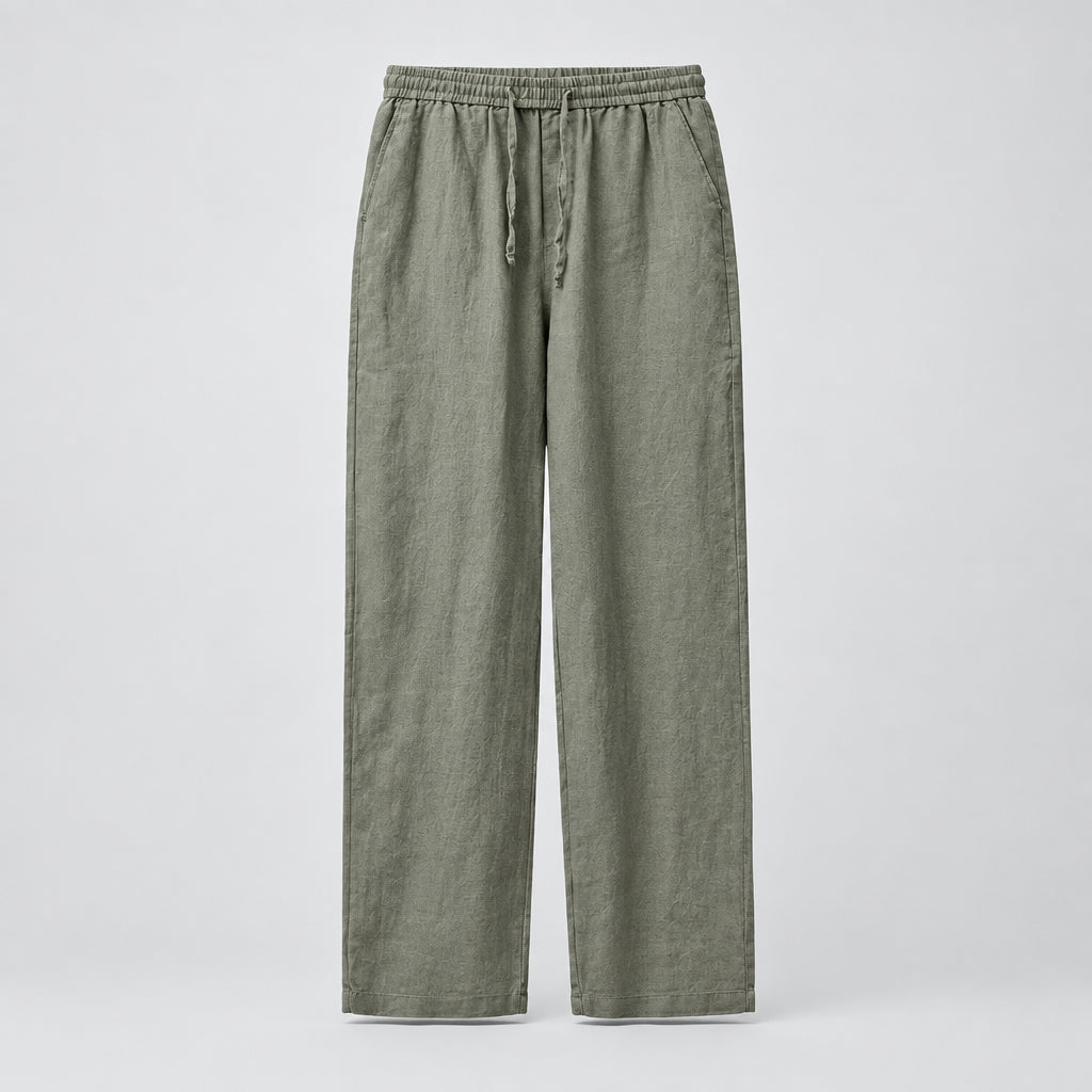 Linen wide-leg trousers in olive green, elastic waistband with drawstring, wide relaxed legs