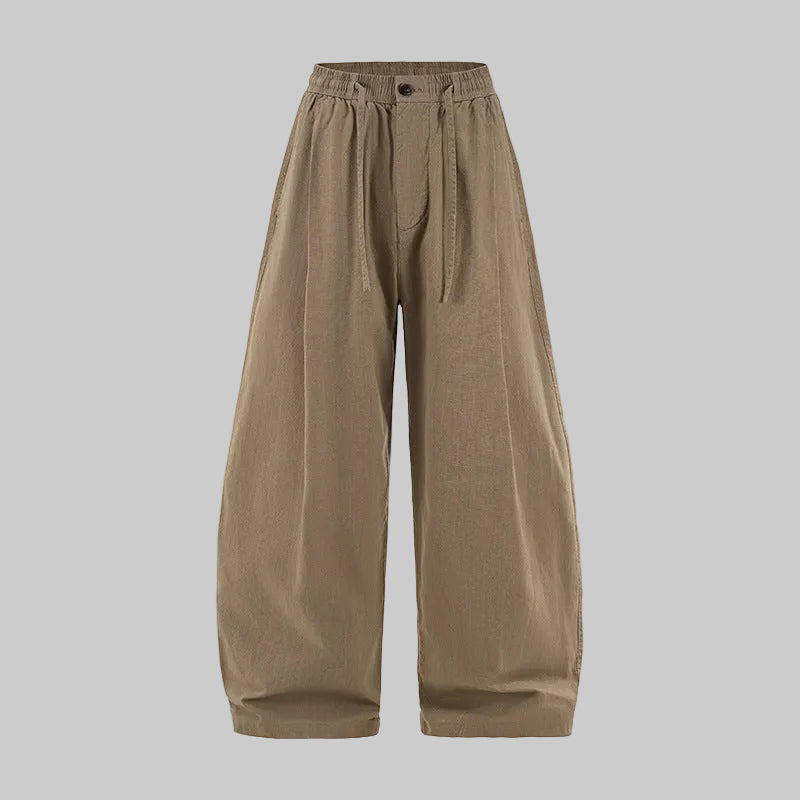 Khaki linen wide-leg trousers with elastic waist, button front, pleated wide legs