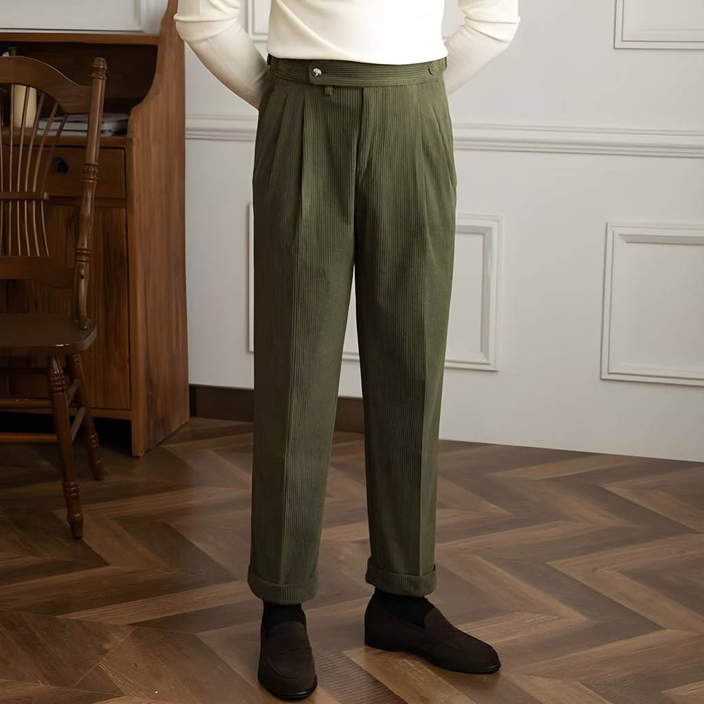 Olive corduroy drape trousers with belt loops, button waist, and relaxed straight legs
