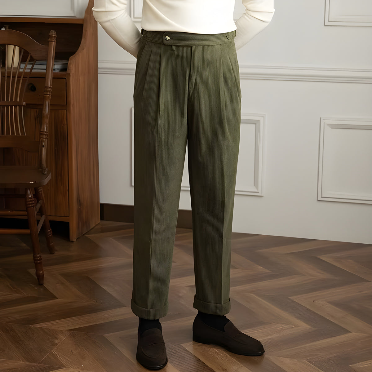 Olive corduroy drape trousers with belt loops, button waist, and relaxed straight legs