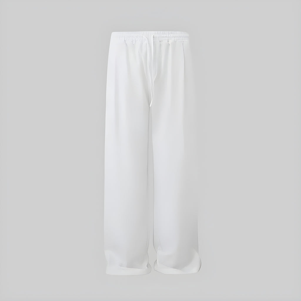 Ivory linen wide-leg trousers with elastic waistband and loose straight legs