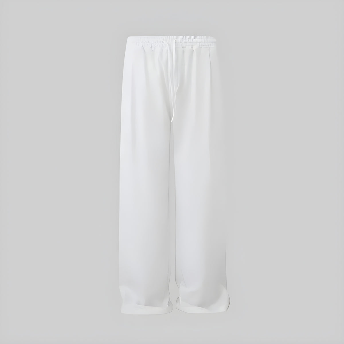 Ivory linen wide-leg trousers with elastic waistband and loose straight legs