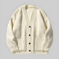 Ecru coarse-stitch cardigan, V-neck button front with patch pockets