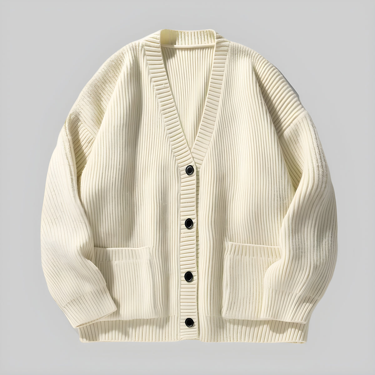Ecru coarse-stitch cardigan, V-neck button front with patch pockets