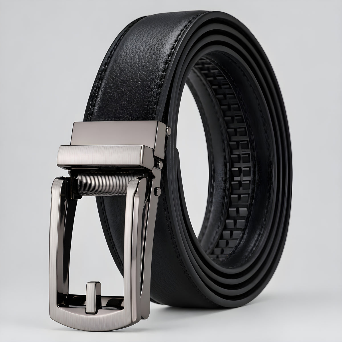 Obsidian canvas utility belt with silver metal buckle and stitched strap