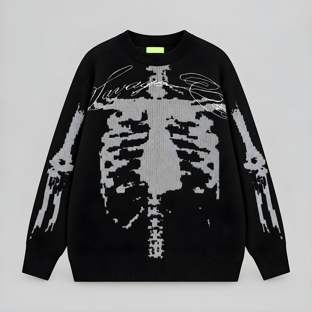 Skeleton jacquard knit sweater, dark (obsidian) with white pixel skeleton front