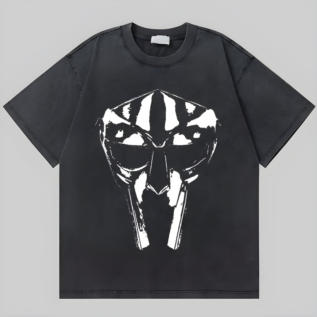 Dark charcoal retro graphic tee with white abstract skull face print on the front