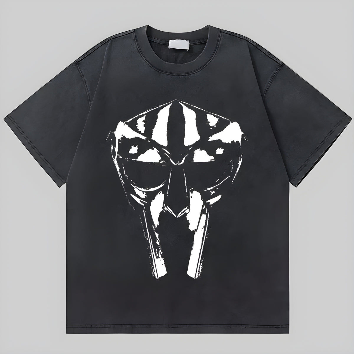 Dark charcoal retro graphic tee with white abstract skull face print on the front