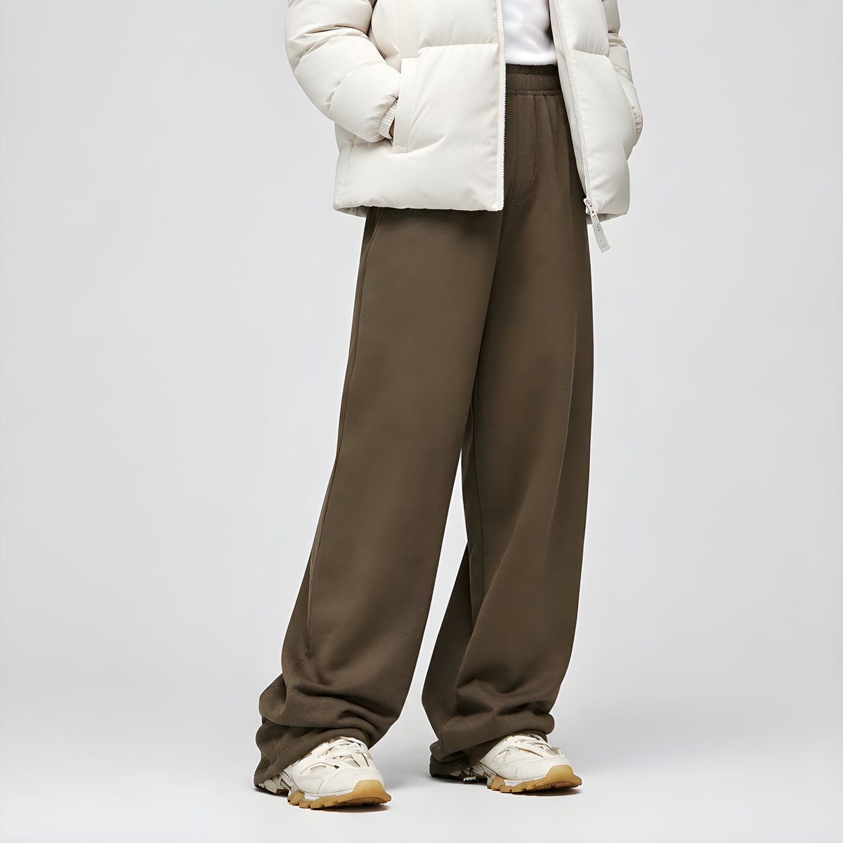 Espresso heavyweight pile trousers with relaxed fit and elastic waist, side view