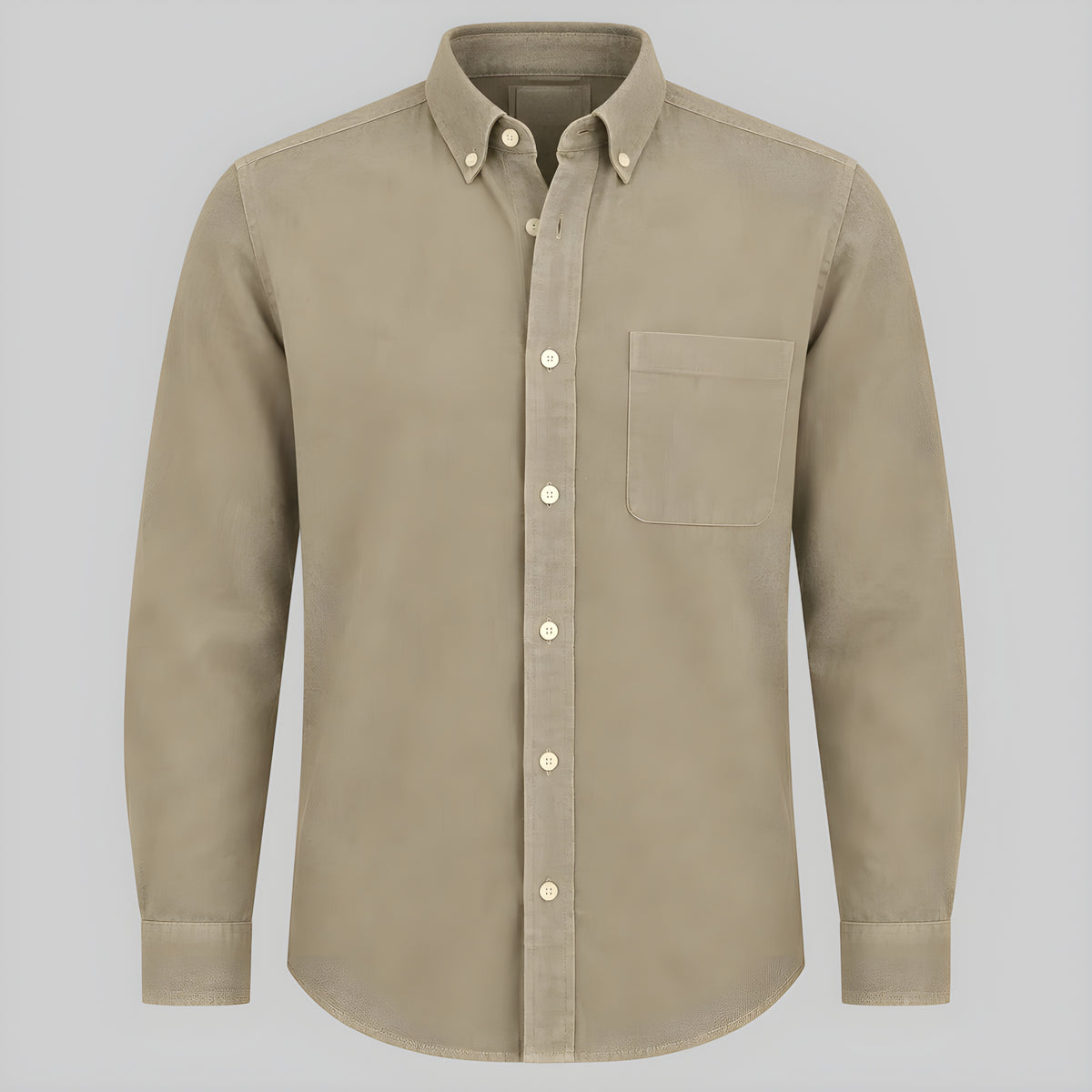 Beige long-sleeve lapel button-up shirt with chest pocket and button front.