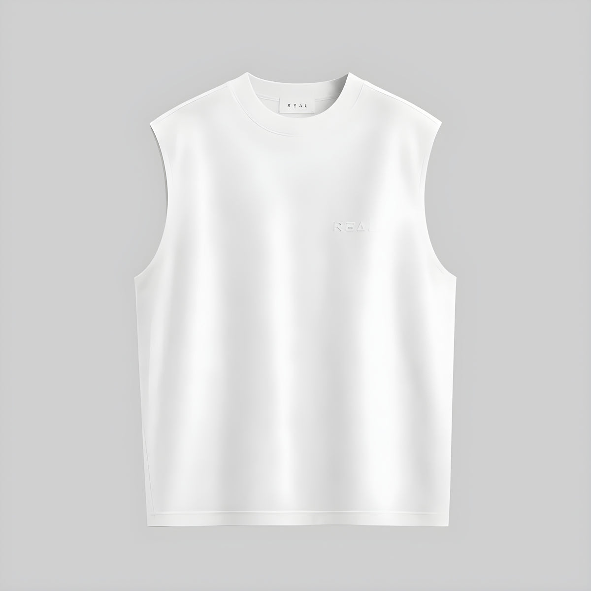 White sleeveless vest with flocked chest logo, flat lay