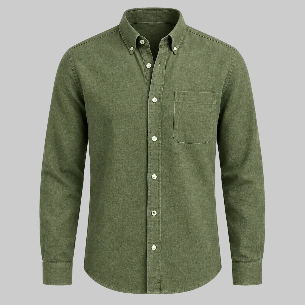 Olive green long-sleeve lapel button-up shirt with chest pocket and button front.