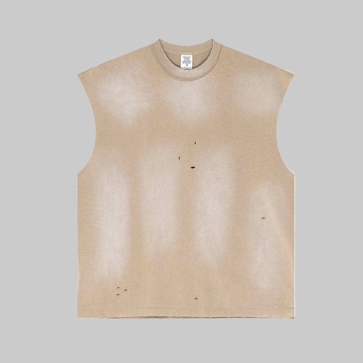 Stone-beige distressed sleeveless tee with crew neck and scattered wear marks