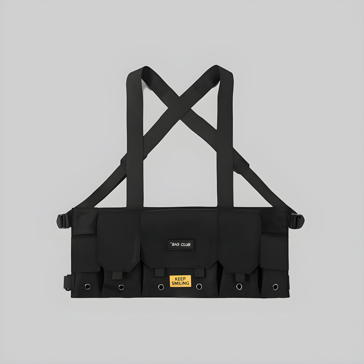 Black cross-strap chest harness with front panel, pockets, and adjustable side ties