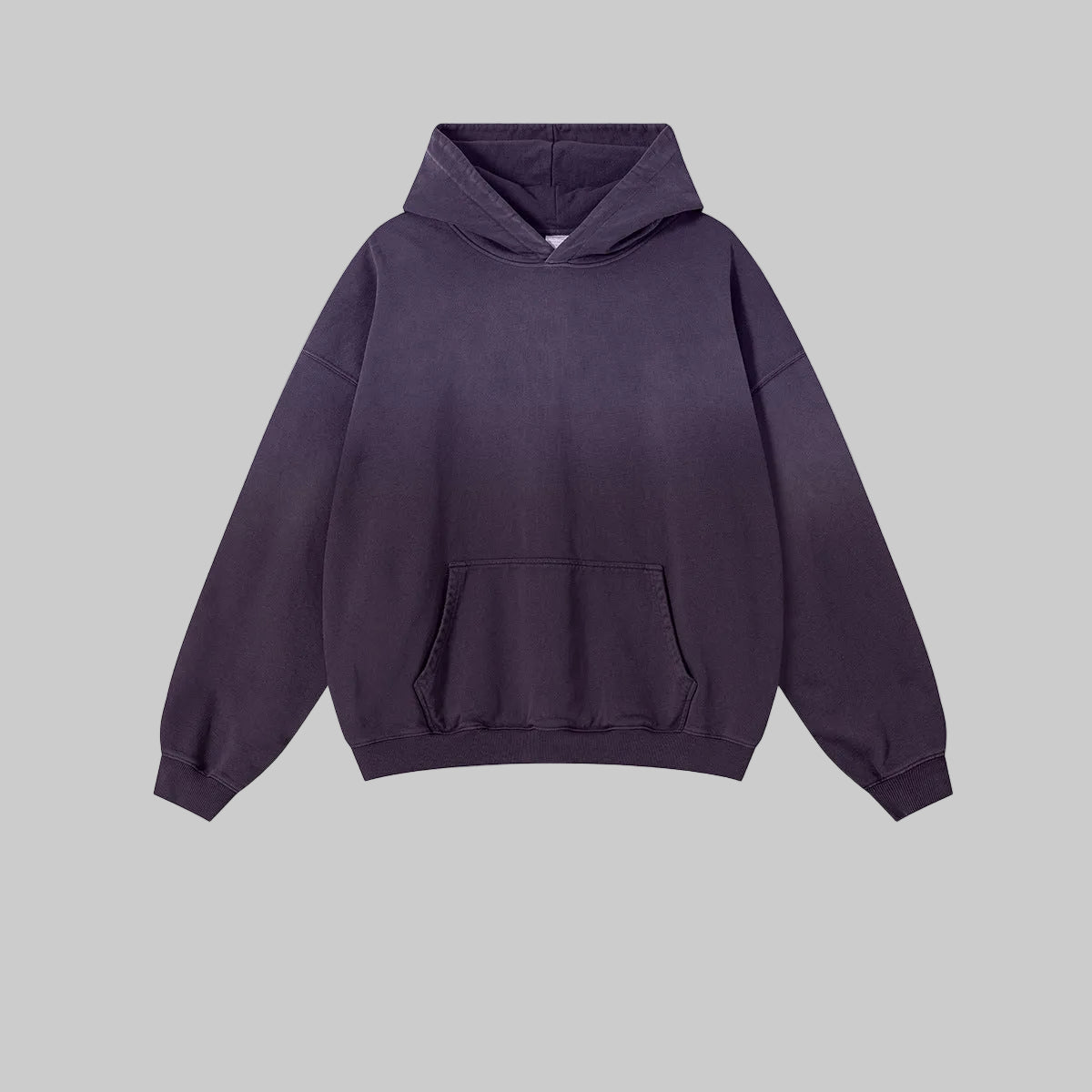 Distressed heavyweight hoodie in faded violet purple with front pocket and hood