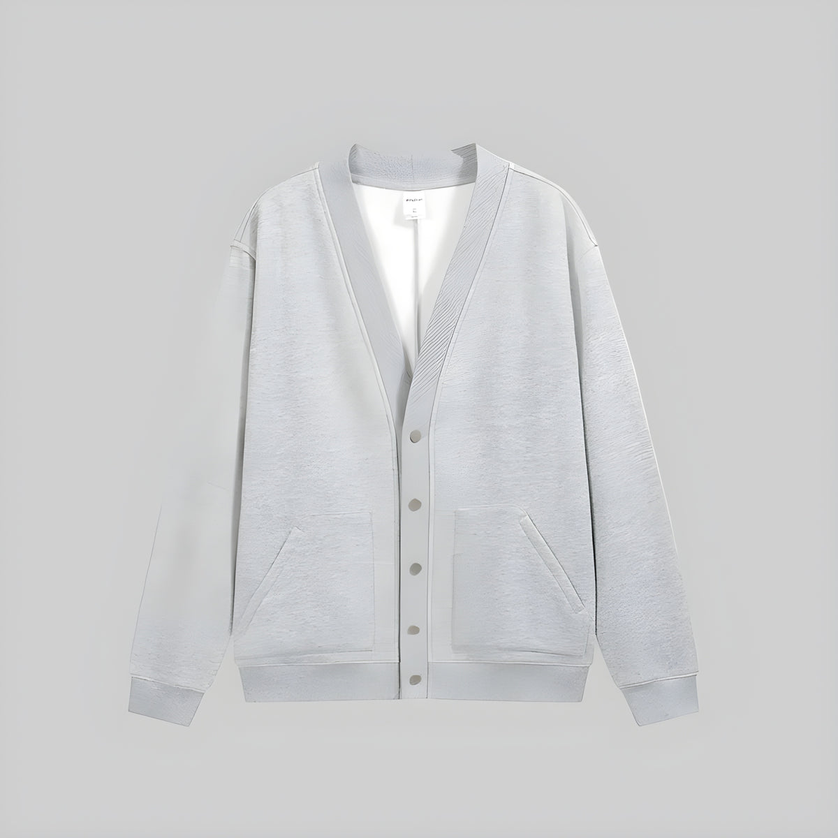 Ash cashmere cardigan hoodie with V-neck button front, hooded collar, and side pockets