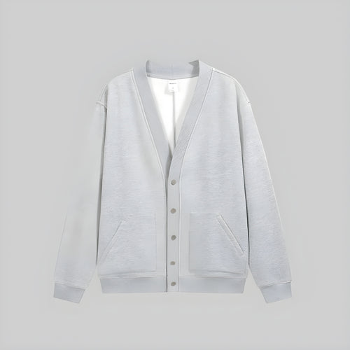 Ash cashmere cardigan hoodie with V-neck button front, hooded collar, and side pockets