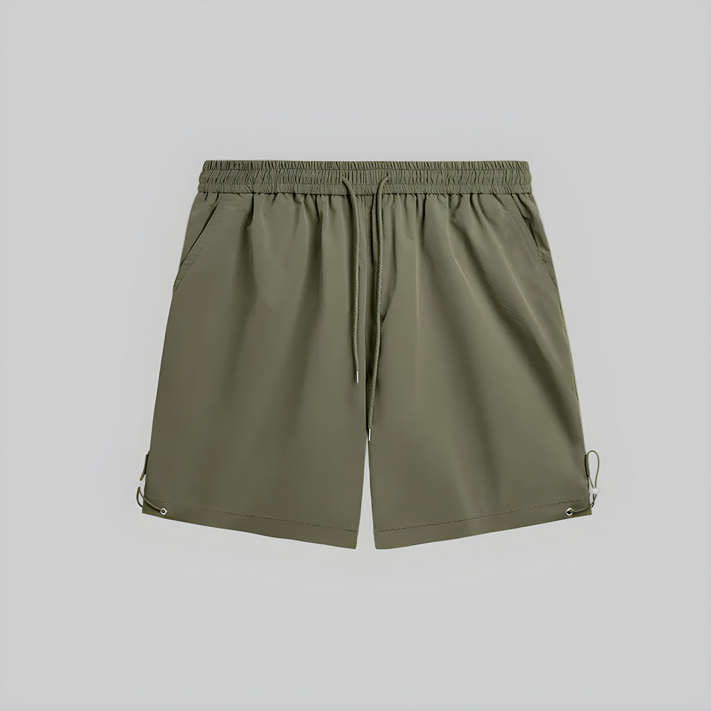 Olive utility pocket shorts with elastic waistband, drawstring, side pockets