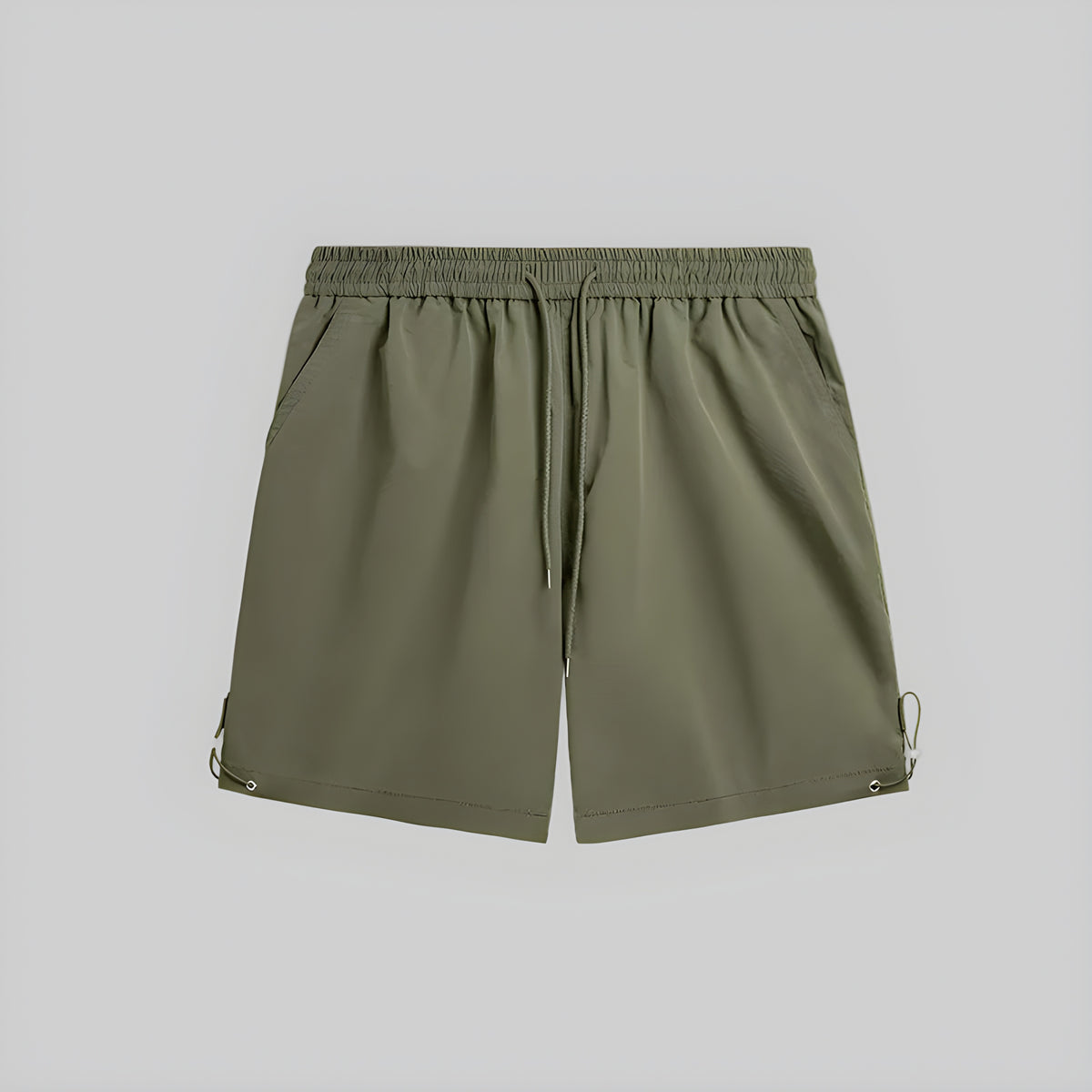 Olive utility pocket shorts with elastic waistband, drawstring, side pockets
