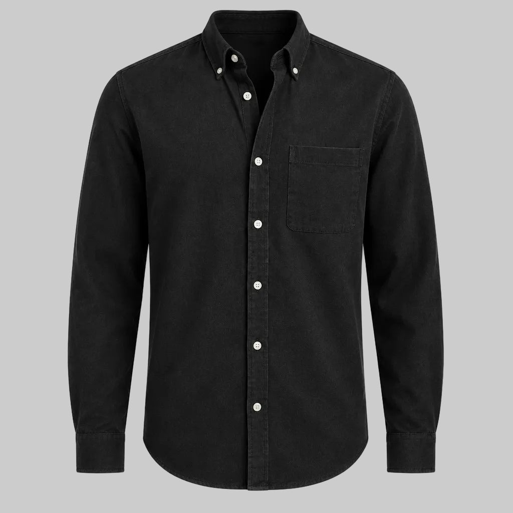 Black long-sleeve lapel button-up shirt with chest pocket and button front.