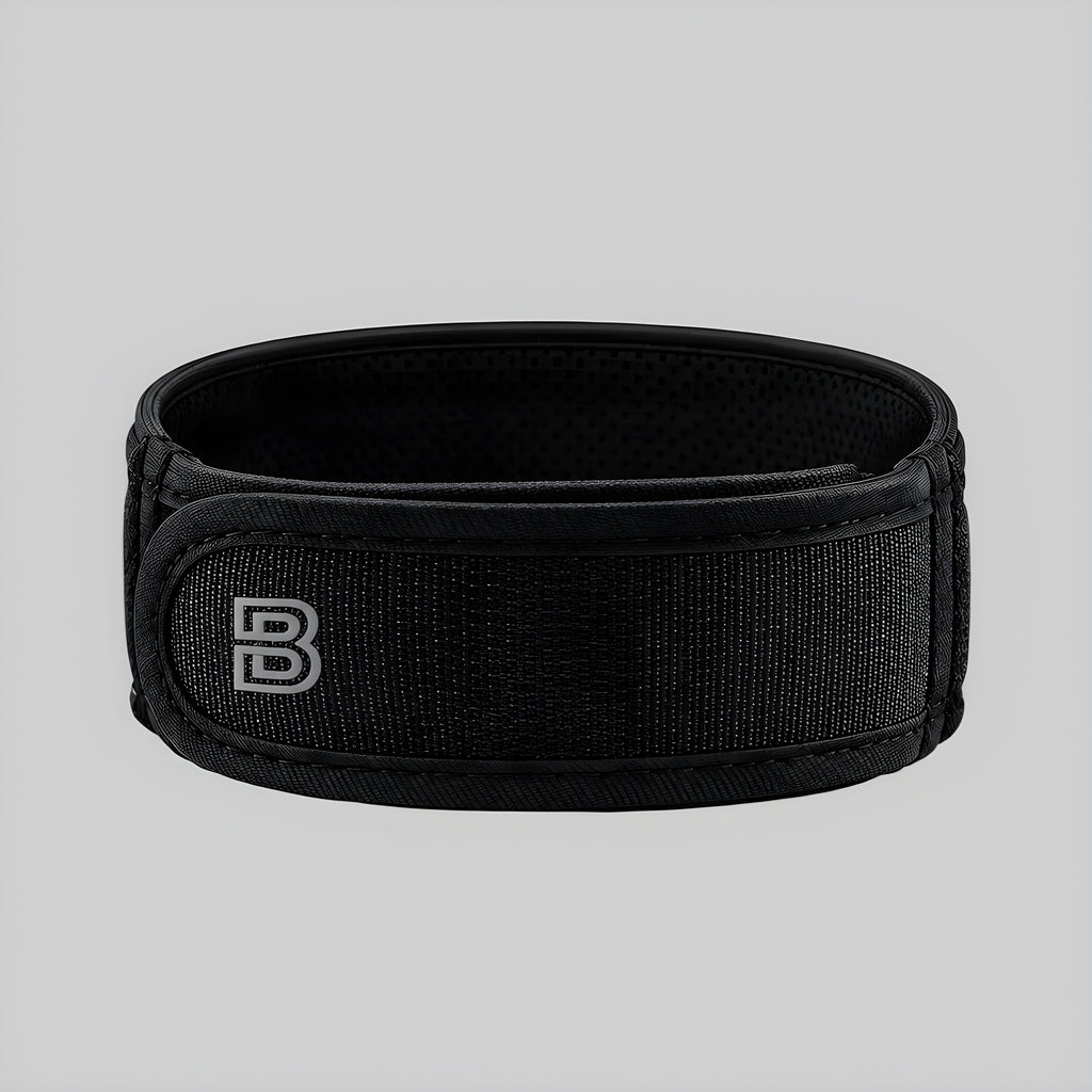 Black reversible webbing belt with embossed FB logo and metal keeper