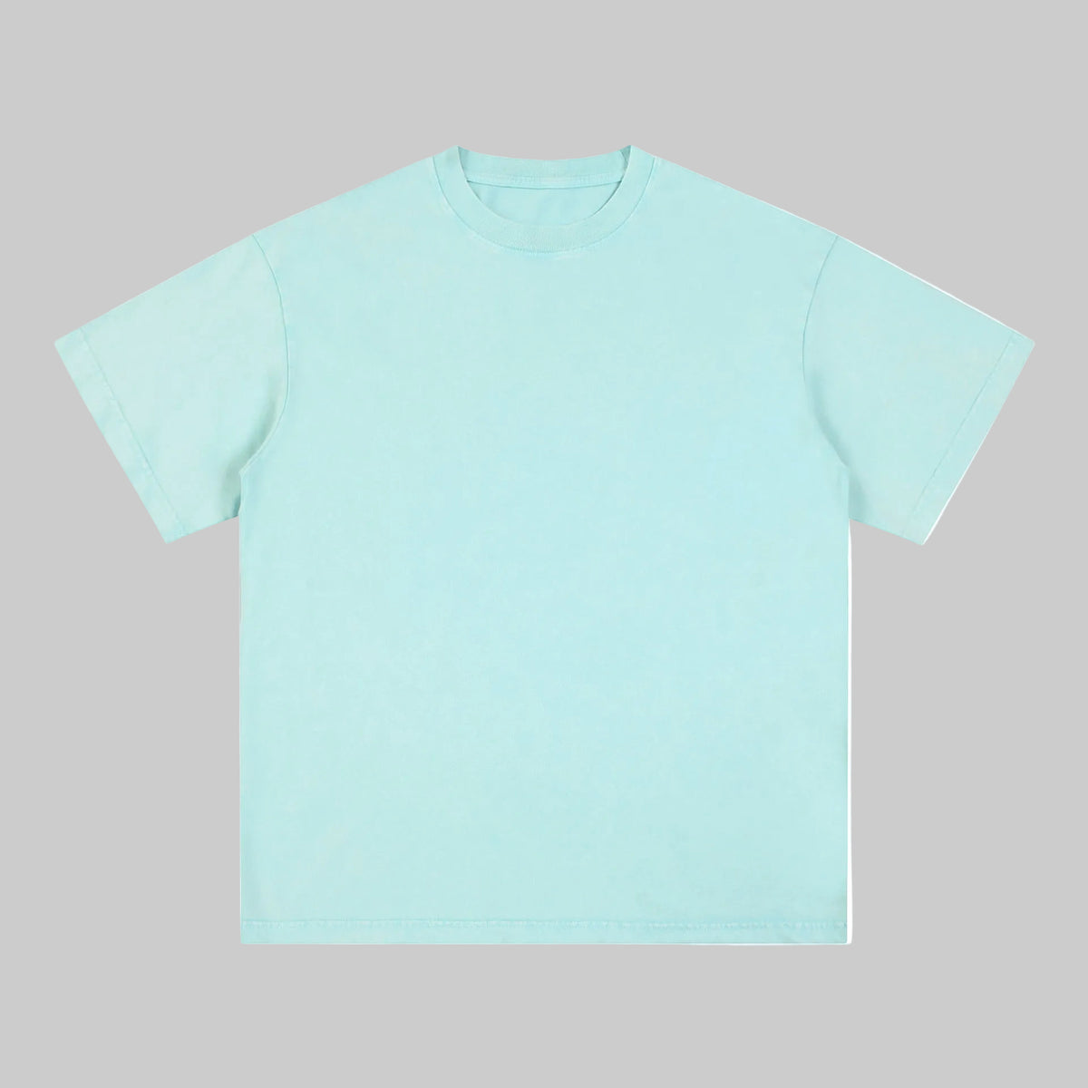 Distressed crew-neck tee in light aqua, short sleeves, plain front.