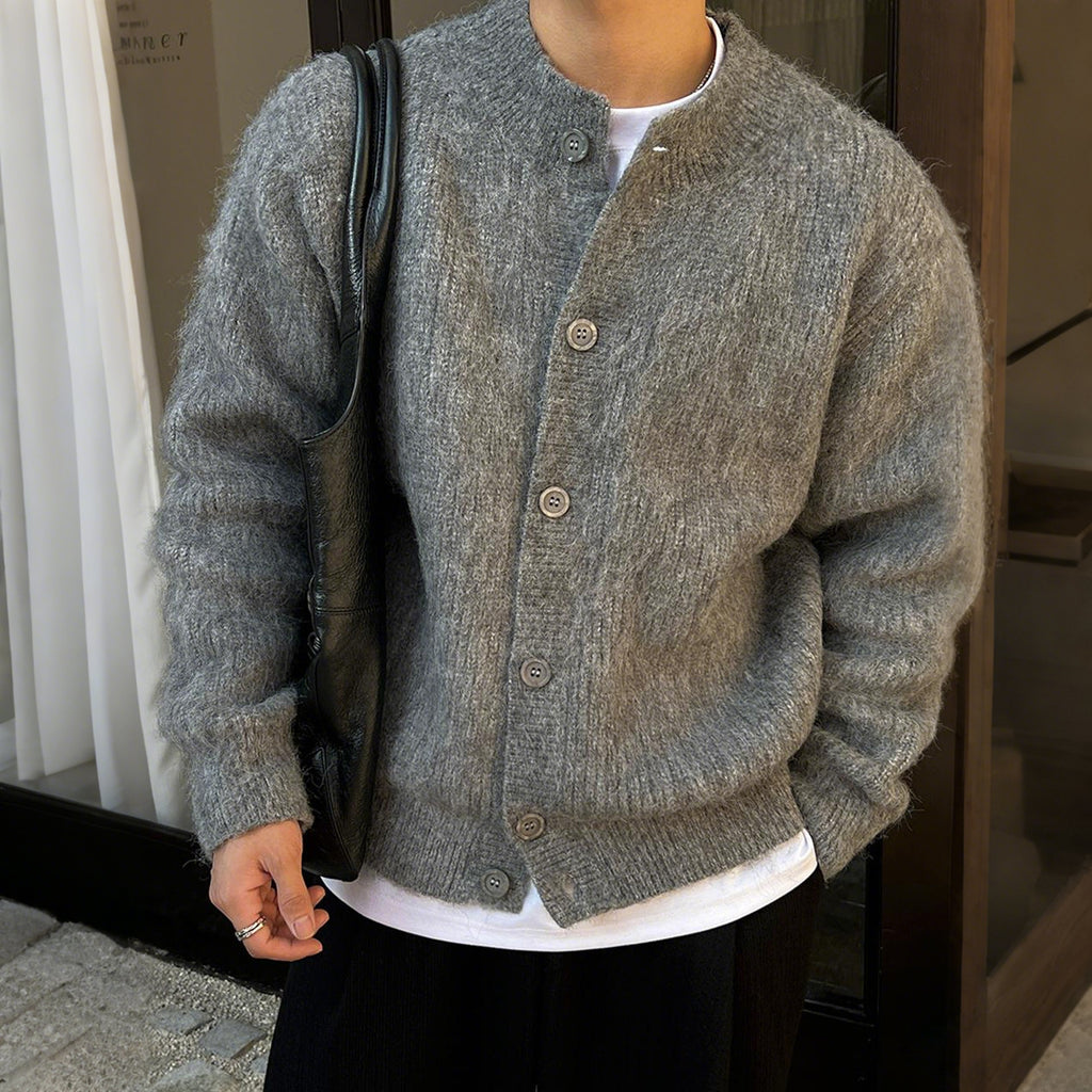 Ash textured merino cardigan with button front, ribbed collar cuffs, and hem