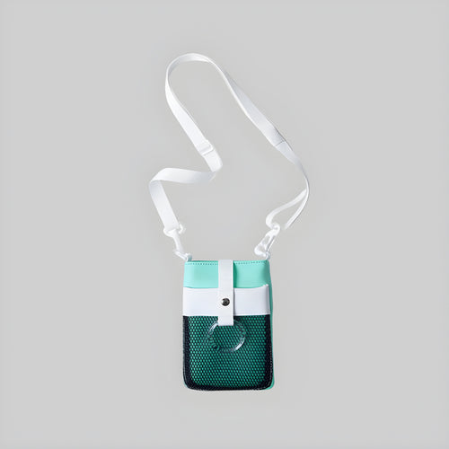 Color-block neck pouch, teal and white mesh front, adjustable strap