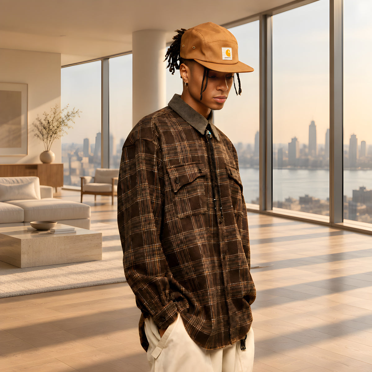 Espresso plaid overshirt on model, with long sleeves, flap chest pockets, and button cuffs