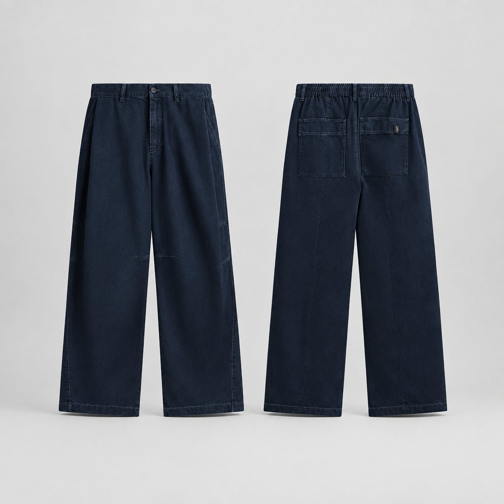 Washed bamboo trousers in deep blue denim, front view pair with side pockets.
