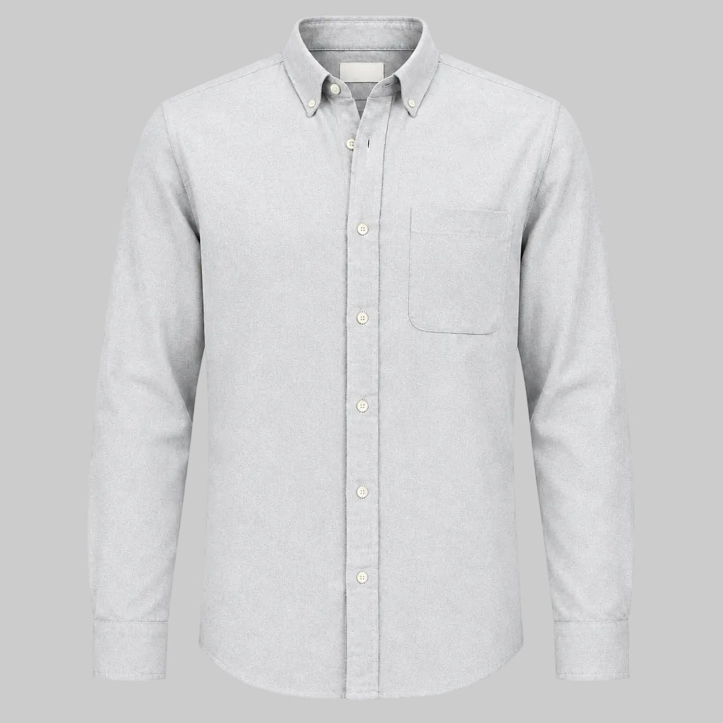Light gray long-sleeve lapel button-up shirt with chest pocket and button front.