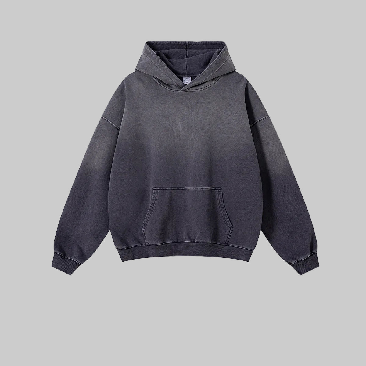 Distressed heavyweight hoodie in faded obsidian dark gray with front pocket and hood