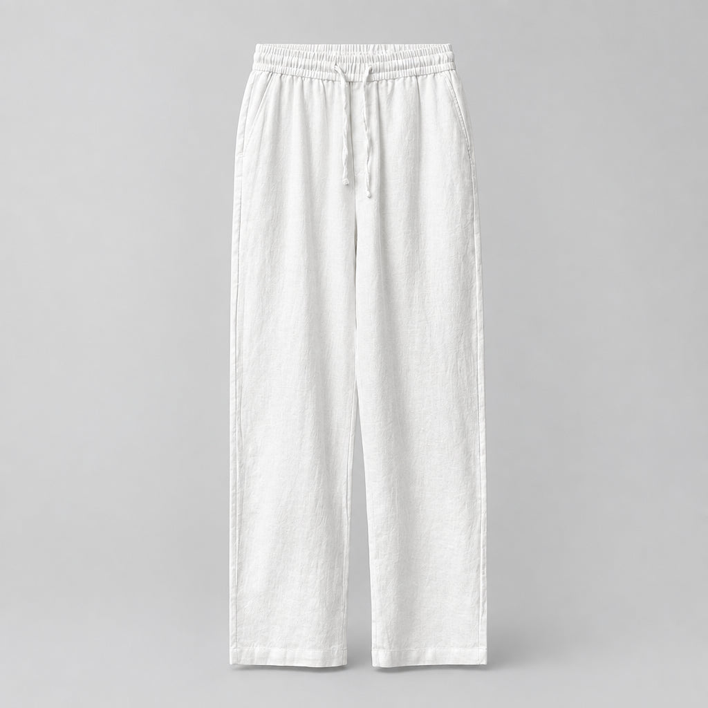 Linen wide-leg trousers in ivory, elastic waist with drawstring, wide ankle-length legs