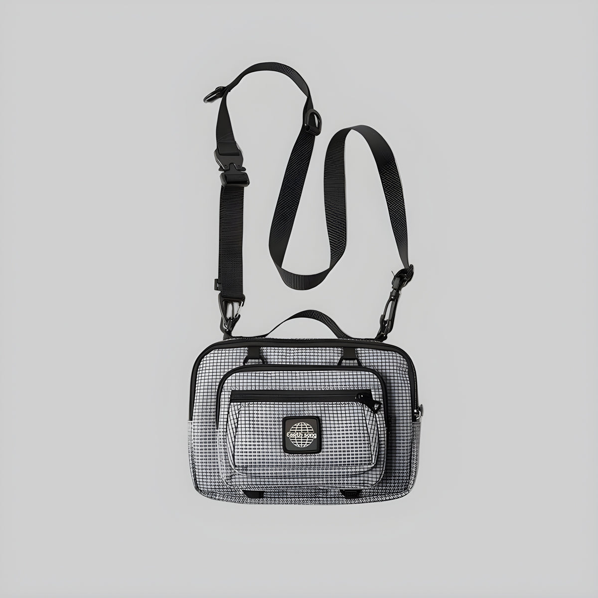 Utility crossbody bag in stone-grey, front zip pocket, adjustable crossbody strap