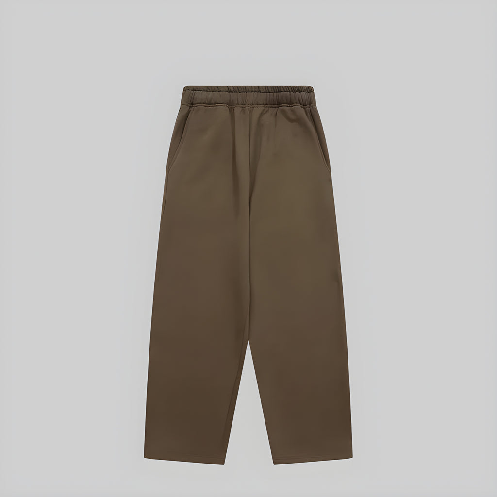 Espresso heavyweight pile trousers with elastic waistband and straight legs