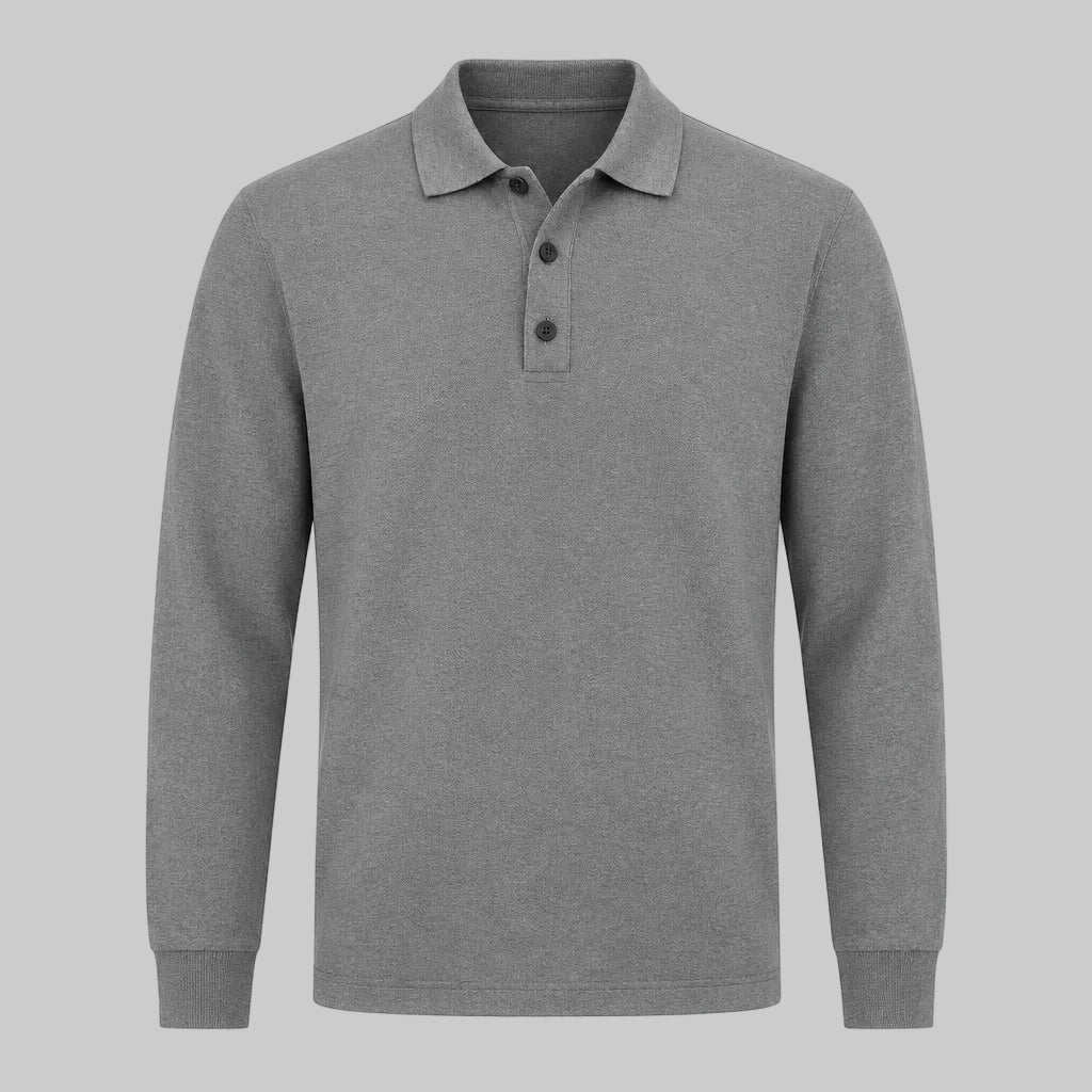 Ash gray long-sleeve V-neck polo sweater with button placket and ribbed cuffs