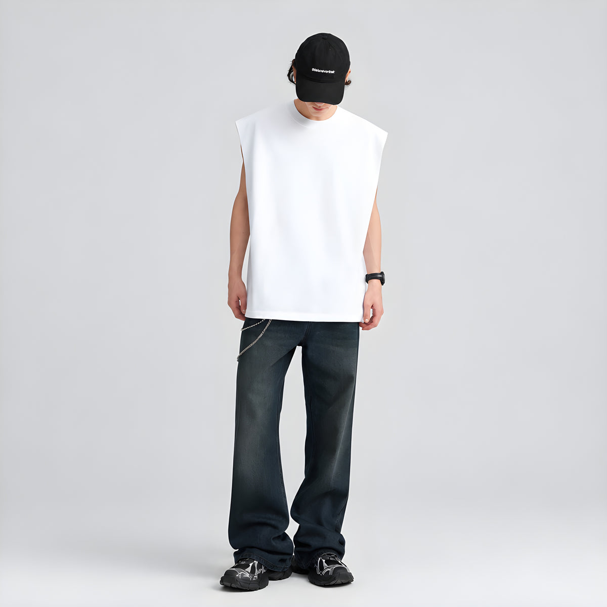 White sleeveless crew-neck vest, rear view, with flocked logo