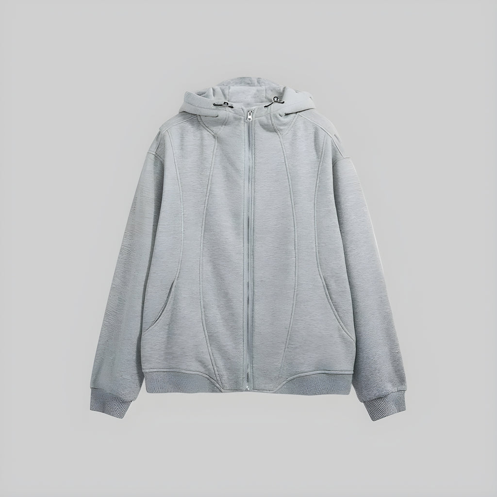 Grey zip-front hoodie with adjustable hood and drawstring, featuring stitched panel seams