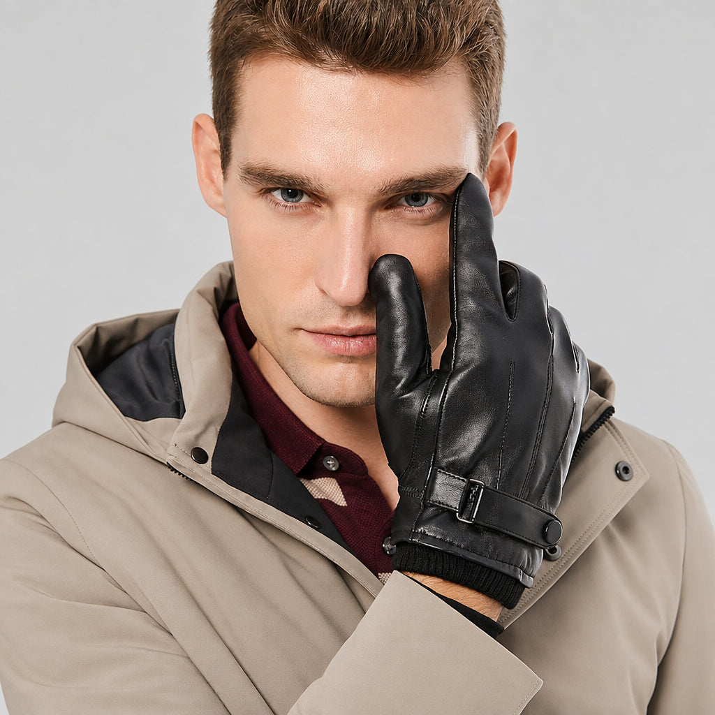 Obsidian shearling leather gloves with cuff and buckle strap detail