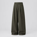 Pleated drape trousers in olive green, wide-leg front pleats with button and belt loops.