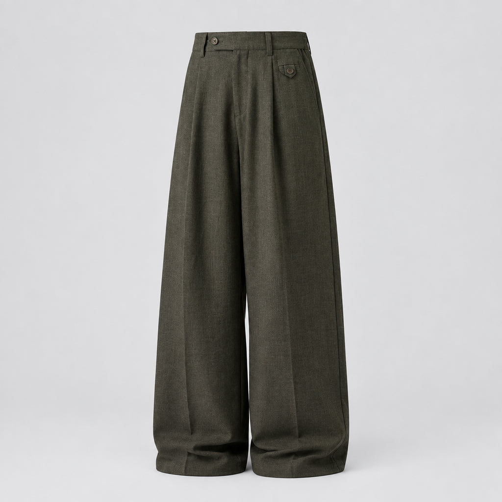 Pleated drape trousers in olive green, wide-leg front pleats with button and belt loops.