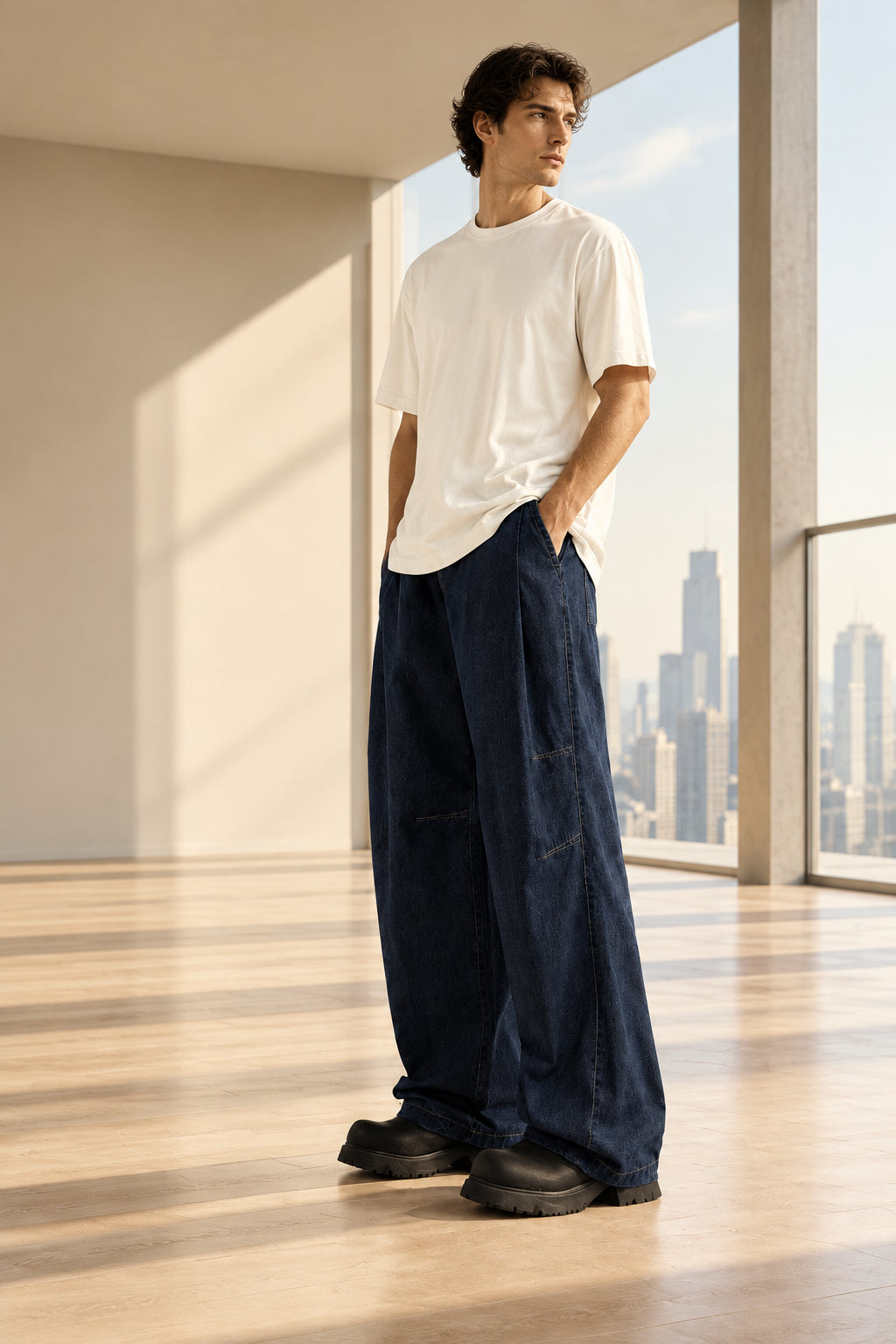Washed bamboo trousers in dark denim, relaxed wide-leg with pleat front.