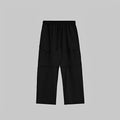 Black cargo trousers with elastic drawstring waist and flap side pockets