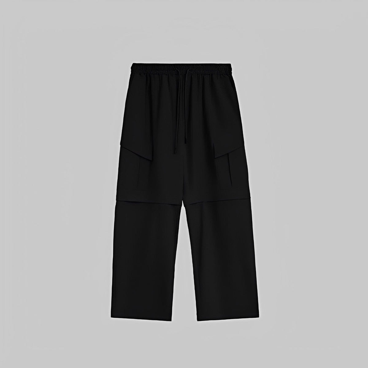 Black cargo trousers with elastic drawstring waist and flap side pockets