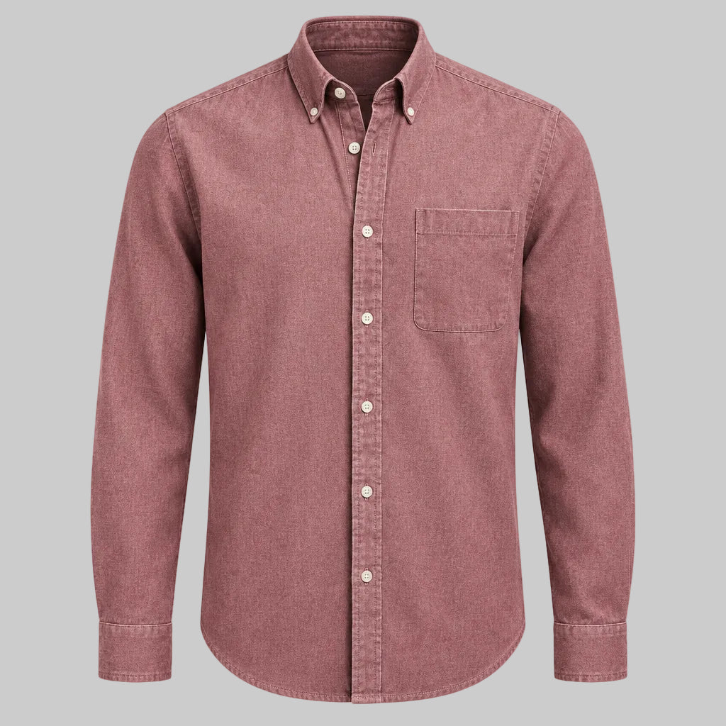 Dusty rose long-sleeve lapel button-up shirt with chest pocket and button front.