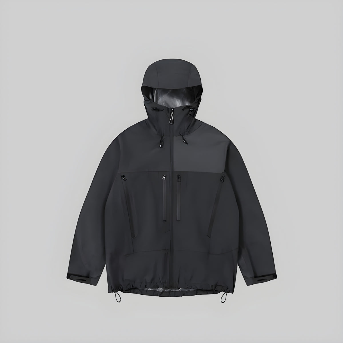Windproof hardshell coat with hood, black, front zip and drawstring hem